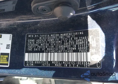 2022 Toyota Corolla Se from USA, damaged, VIN 5YFS4MCE4NP135488